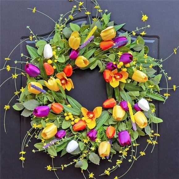 Spring Wreath 24 Inch Summer Wreaths for Front Door with Colorful Tulip Daisy - Picture 7 of 7